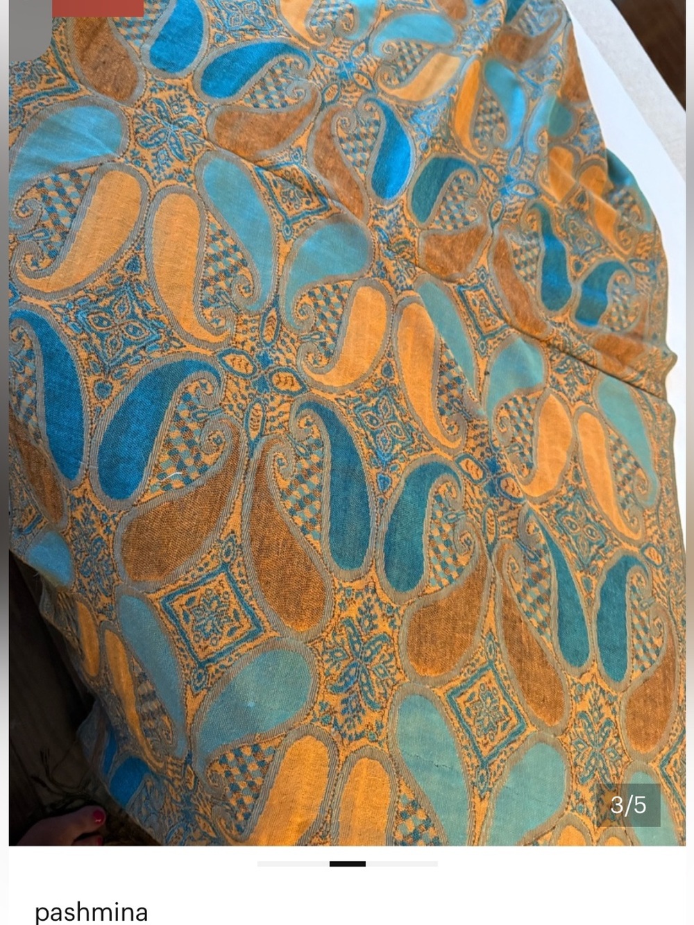 pashmina Silk Blend Teal and Mustard Paisley Pashmina Scarf - Picture 4 of 7